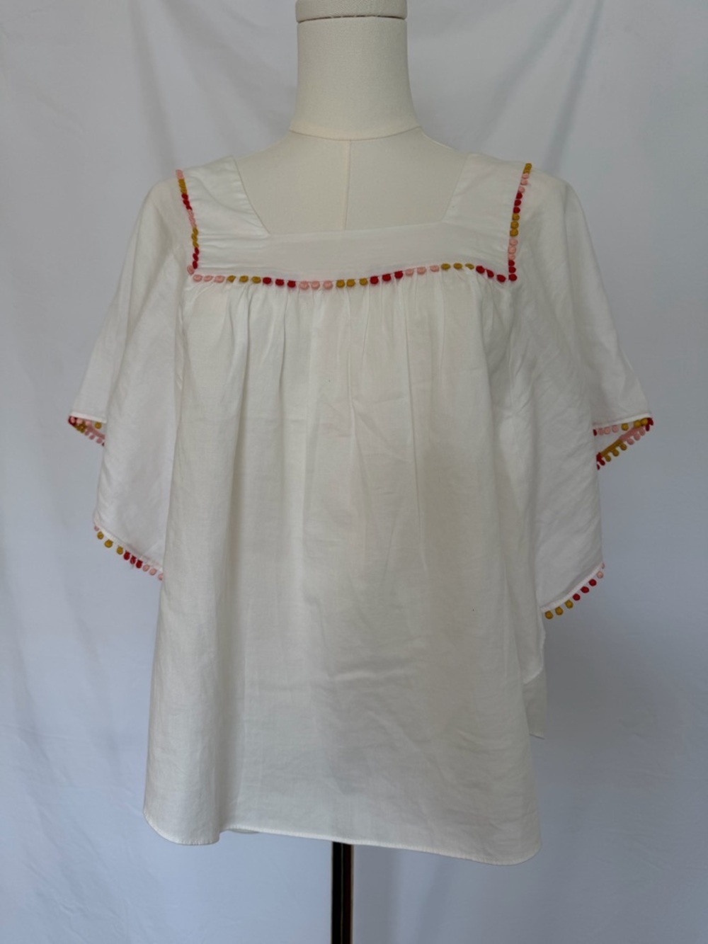 Madewell PomPom Butterfly White Embroidered Square-Neck Blouse Small